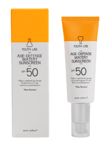 Age-Defense Watery Sunscreen SPF 50 for skin protection.
